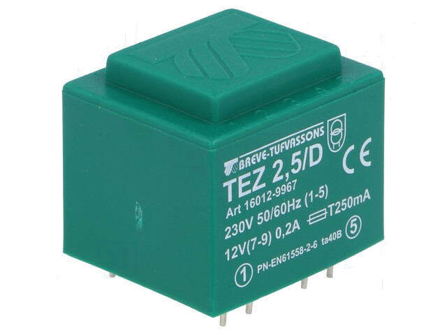 Transformator: ingegoten; 2,5VA; 230VAC; 12V; 208,3mA; PCB; IP00 Transformator: ingegoten; 2,5VA; 230VAC; 12V; 208,3mA; PCB; IP00
